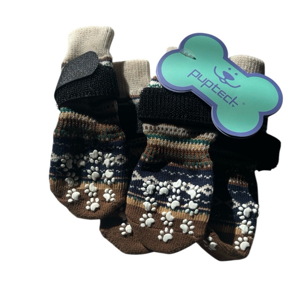 Pupteck | Brown Blue White Paw Print Bottom Velcro Top 4 Pair Dog Socks Fall NWT